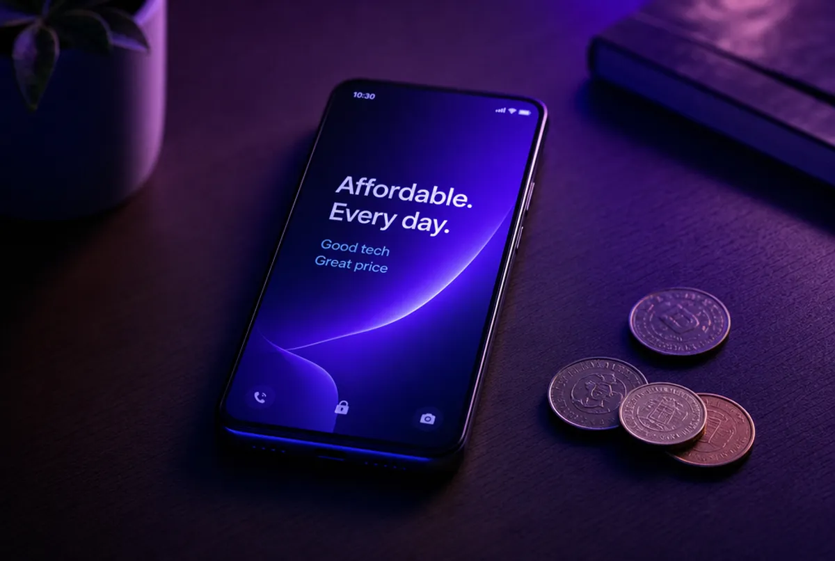 Smartphone neben M&uuml;nzen, Indigo-Violett-Licht, g&uuml;nstiges Telefonieren